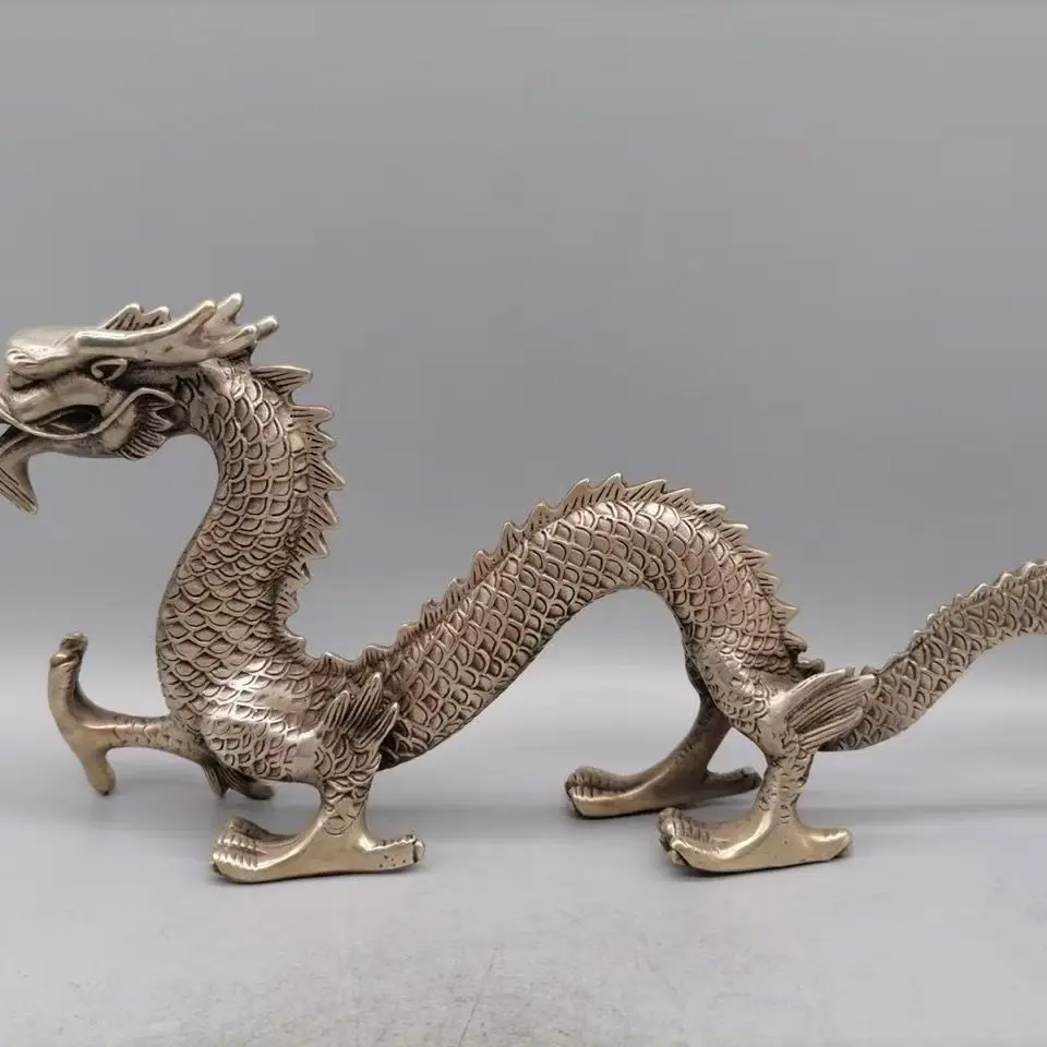 Estatua china del dragón tallado del trabajo manual de cobre blanco grande y viejo chino