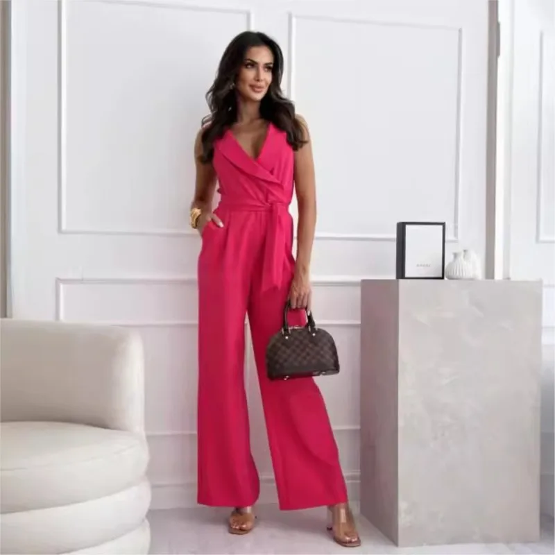 New High Waist Strap Jumpsuit Elegant Women\'s V Neck Solid Color Pocket Spliced Jumpsuits Ladies Rose Red Playsuits Woman Romper