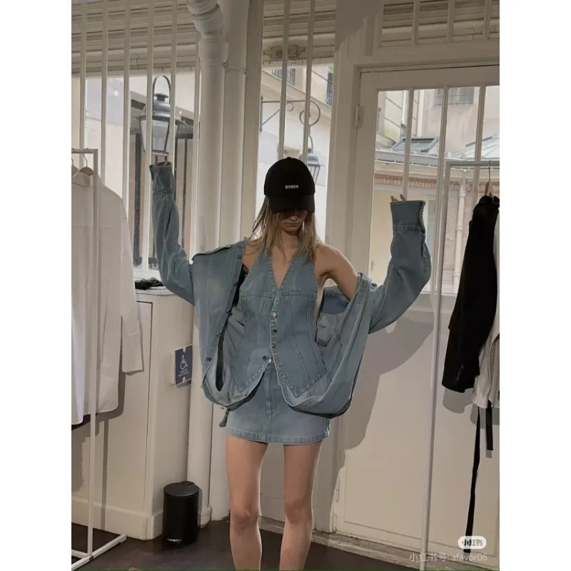 Women's Spring Autumn Cowboy Vest Outerwear Design Luxury Brand Simple Fashion Comfortable Soft Leisure Big Size Premium Loose