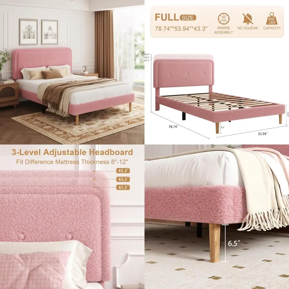 

Full-Size Upholstered Platform Bed with Adjustable Headboard and Rounded Corners for Safety