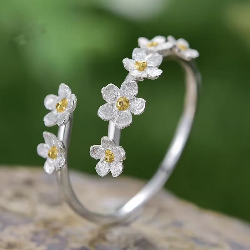 Delicate Forget-me-not FlowerAdjustble Rings for Women Real 925 Sterling Silver Enagement Fine Jewelry Female Gift