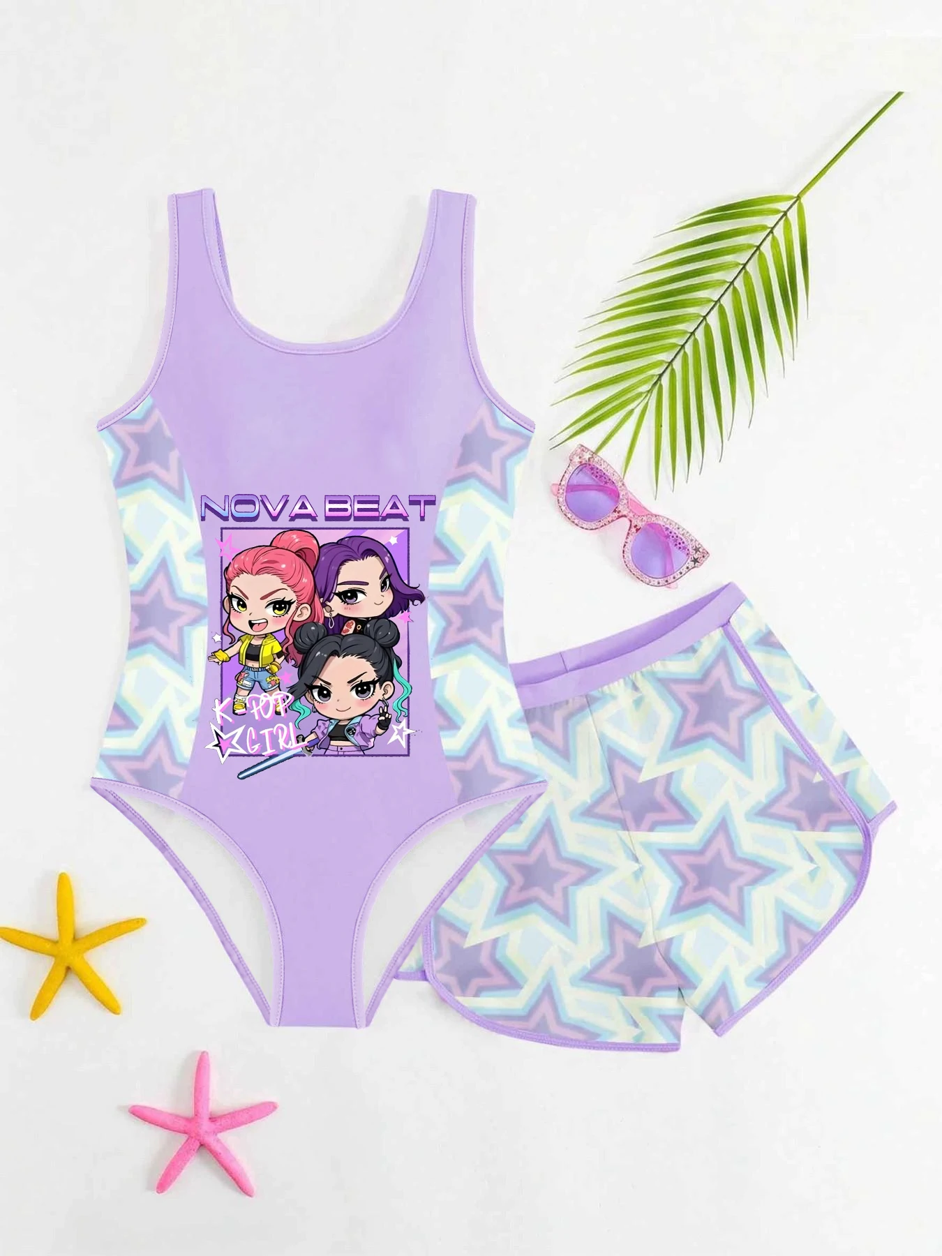 Sweet & Cool Girls' Swimsuit with Cartoon Prints + Gradient All-over Printed Shorts, 2-Piece Set for Water Park & Vacation, Mult