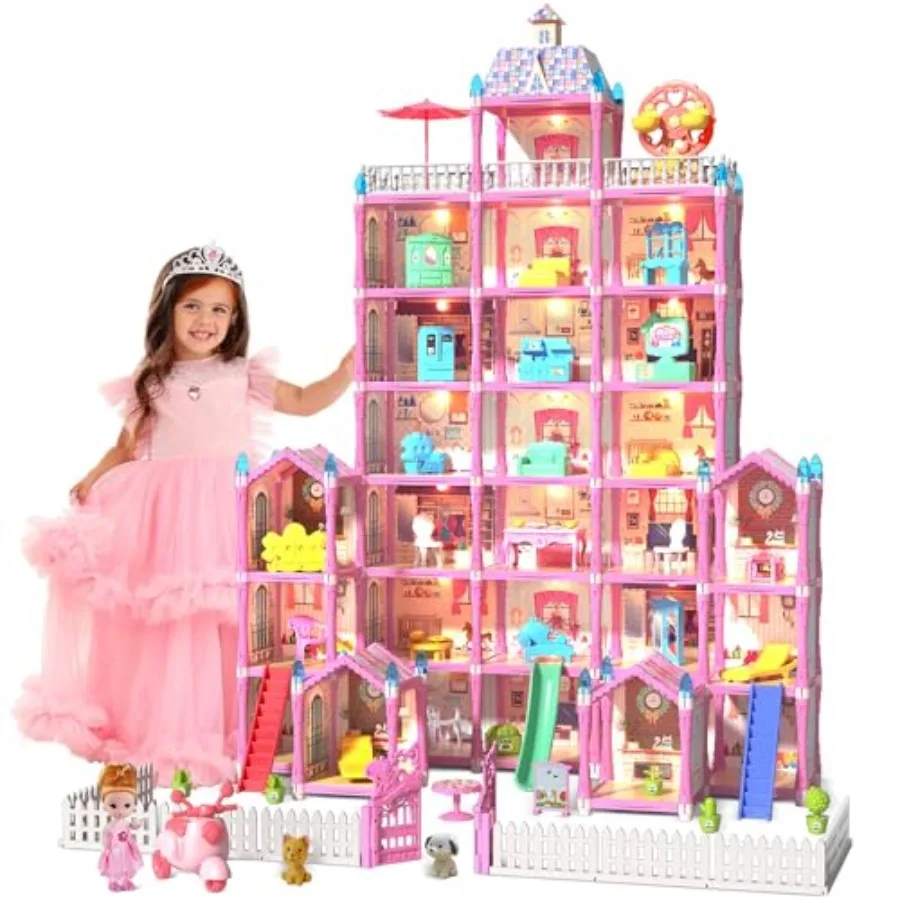 

7-Story 29 Rooms Huge Doll House for Girls Play House Toys Accessories and Furniture Outdoor Girls Play Set Pink 2024 Christmas