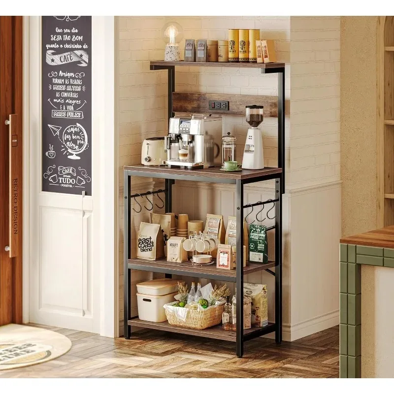 Kitchen Bakers Rack with Power Outlet, Coffee Bar Table 4 Tiers, Kitchen Microwave Stand with 6 S-shaped Hooks