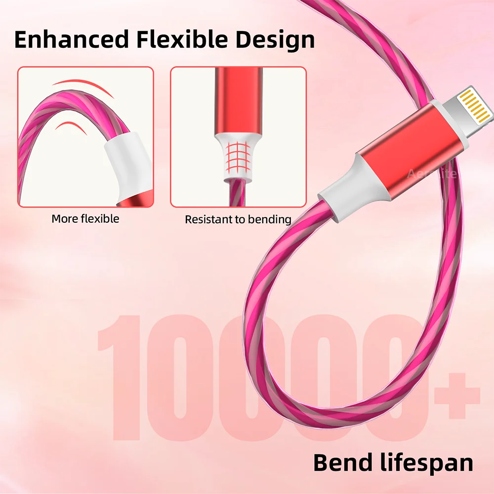 Cable de carga de teléfono con luz LED de flujo Universal multi USB 3 en 1, con interfaz para conector de cargador Micro USB Apple + tipo C +