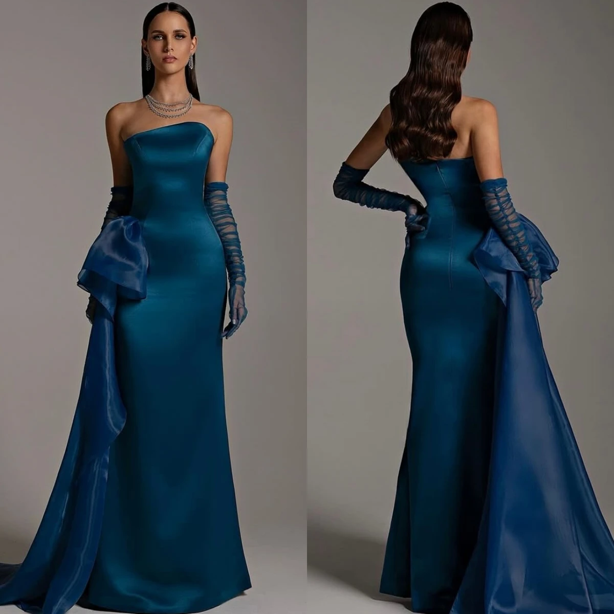 

Customized Simple Blue Jersey Evening Dress Formal Strapless Sleeveless Celebrity Gowns Delicate Mermaid Zipper Back Prom Dress