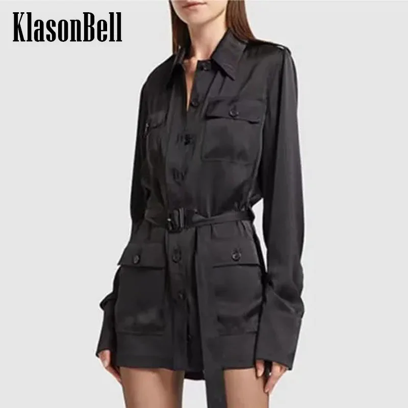 7.6 KlasonBell Women Elegant Satin Sashes Cargo Pocket Shirt Dress 2024 New Black Single Breasted Long Sleeve Mini Dress