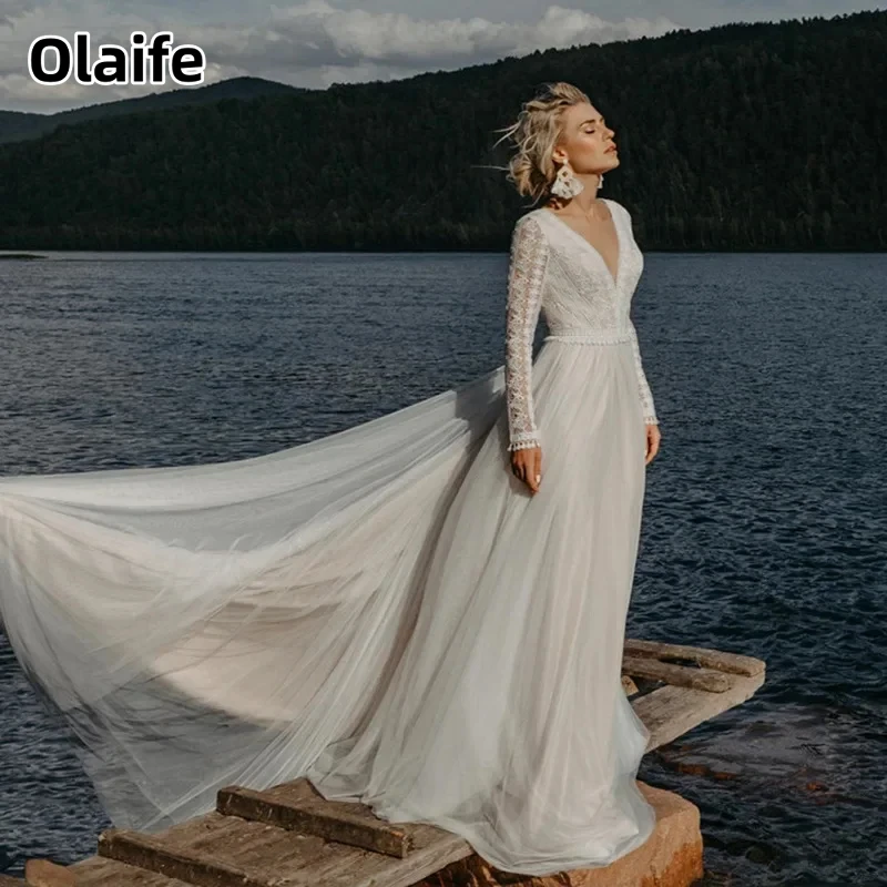 

Olaife Boho Lace Long Sleeves A-line Deep V Neck Backless Wedding Dress Bohemian robe de mariée Bridal Gowns vestidos de novia