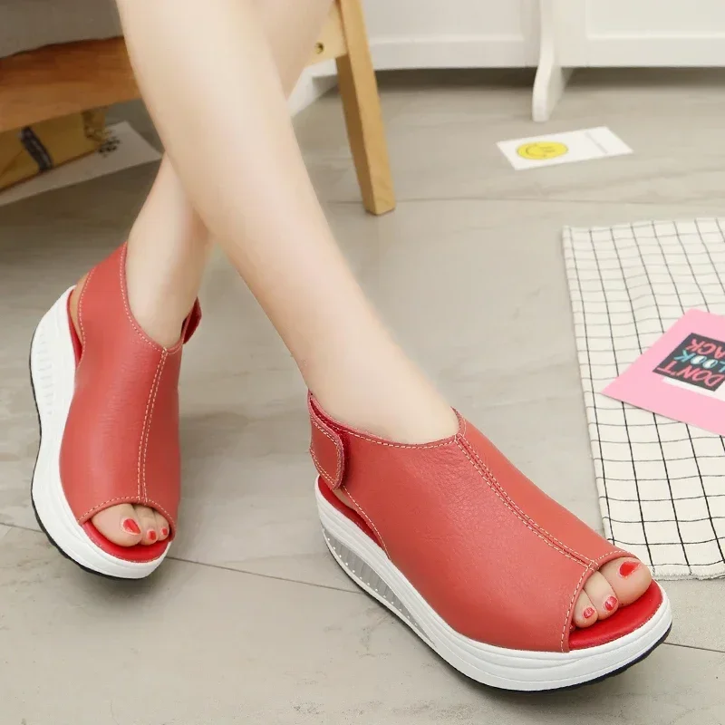 Summer Women Sandals Platform Wedges Sandals Leather Swing Peep Toe Casual Shoes Women Walk Shoes Flats Size 42 peep toe sandals