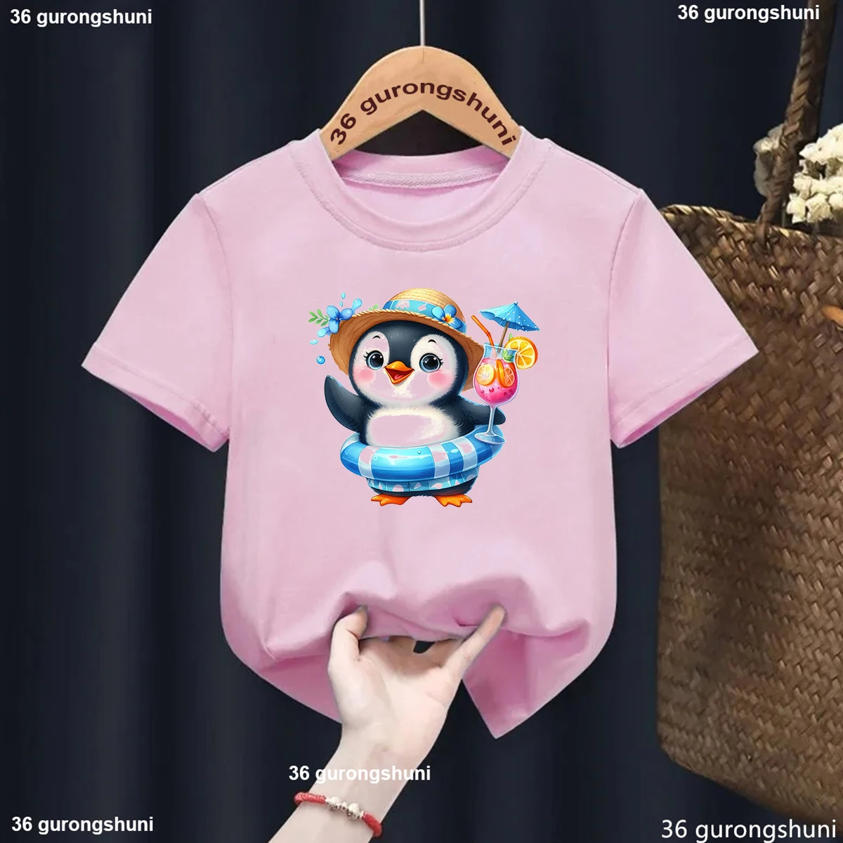 

Newly Style Penguin Pattern Print Kids T-Shirt 2025 Summer Fashion Short Sleeves Clothes Cute Girls Pink T Shirt Tops Wholesale