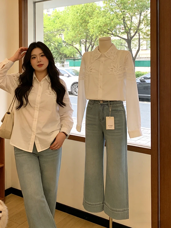 

Elegant White Long Sleeve Neck Shirt Women's Summer New Style Embroidered Lace Shirt plus Size Korean Style Slimming