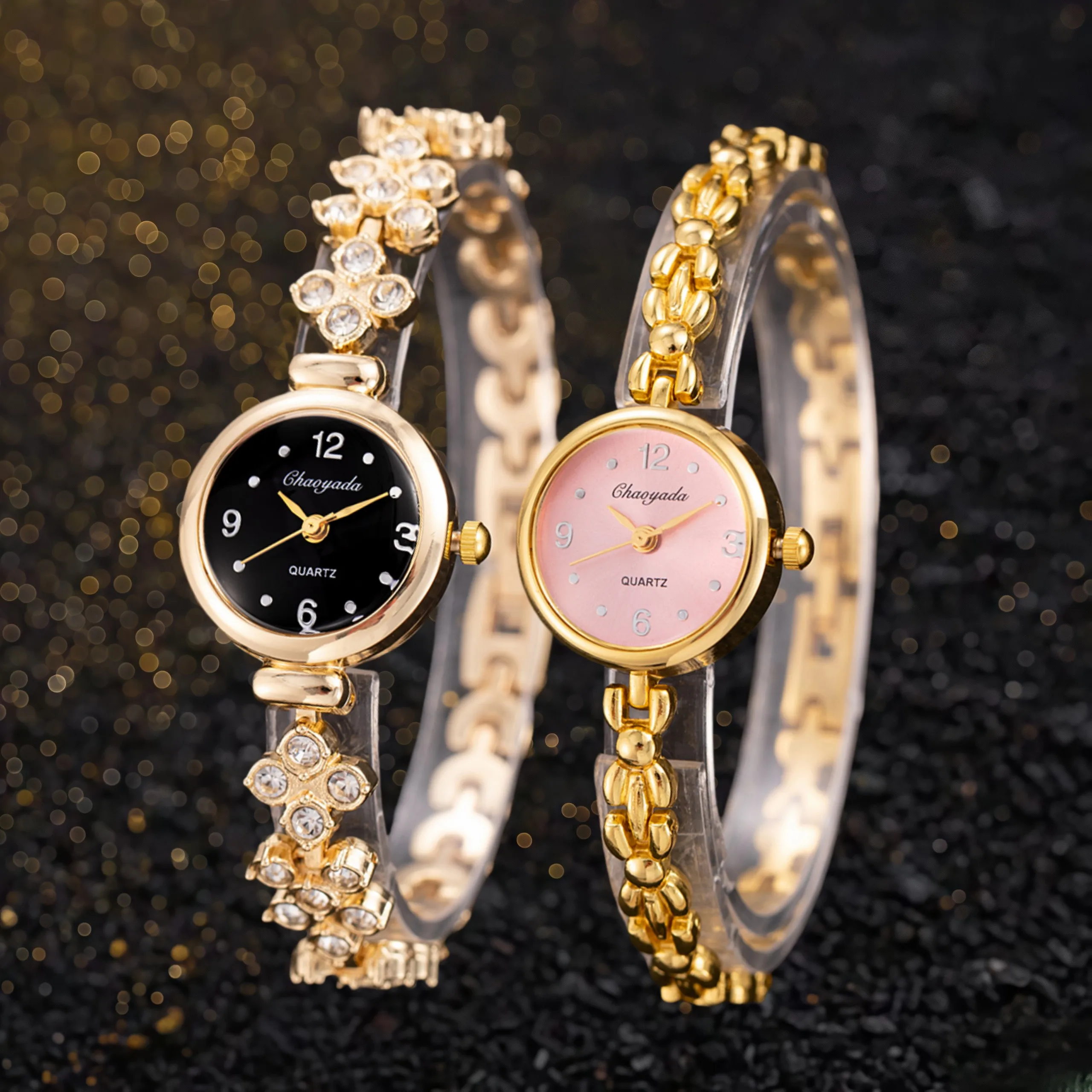 

2pcs Women's Quartz Watches New Luxury Rhinestone Golden Women Bracelet Watch Fashion Elegant Small Dial Ladies Wristwatch Clock