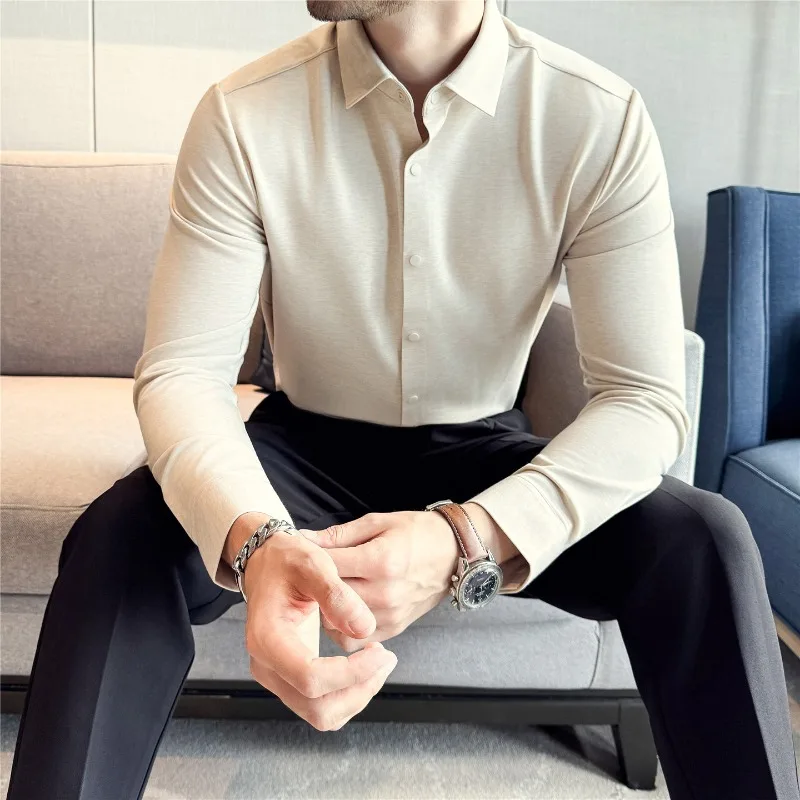 

Autumn Winter Warm Thickened Shirt High Elasticity Solid Business Casual Elastic Slim Long Sleeve Shirt Fashion Men Clothing