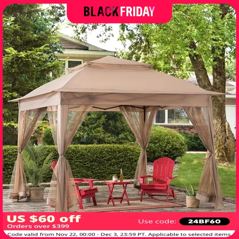 11x11 ft. Pop-Up Instant Gazebo, Outdoor Portable Steel Frame 2-Tier Top Canopy/Tent with Netting and Carry Bag, Patio Gazebos