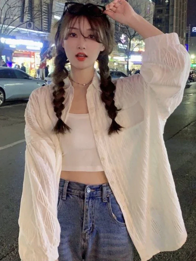 

Солнцезащитные рубашки женские с вырезами свободные винтажные длинные стильные крутые летние унисекс уличная одежда универсальные повседневные женские Ulzzang Harajuku