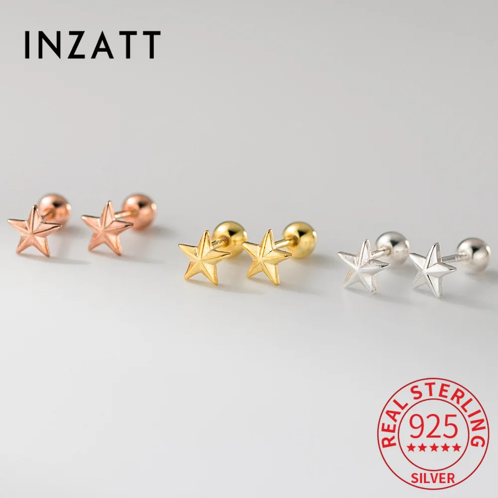 

INZATT Real 925 Sterling Silver Five-pointed Star Bead Screw Stud Earrings for Women Classic Fine Jewelry Geometric Accessories
