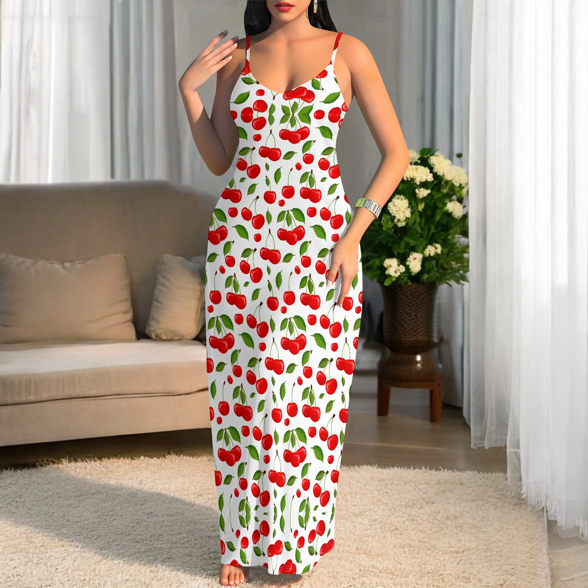 

Cherry Polka Dot Print Maxi Dress Women Casual Spaghetti Strap Loose Fit Summer Holiday Dress 2025