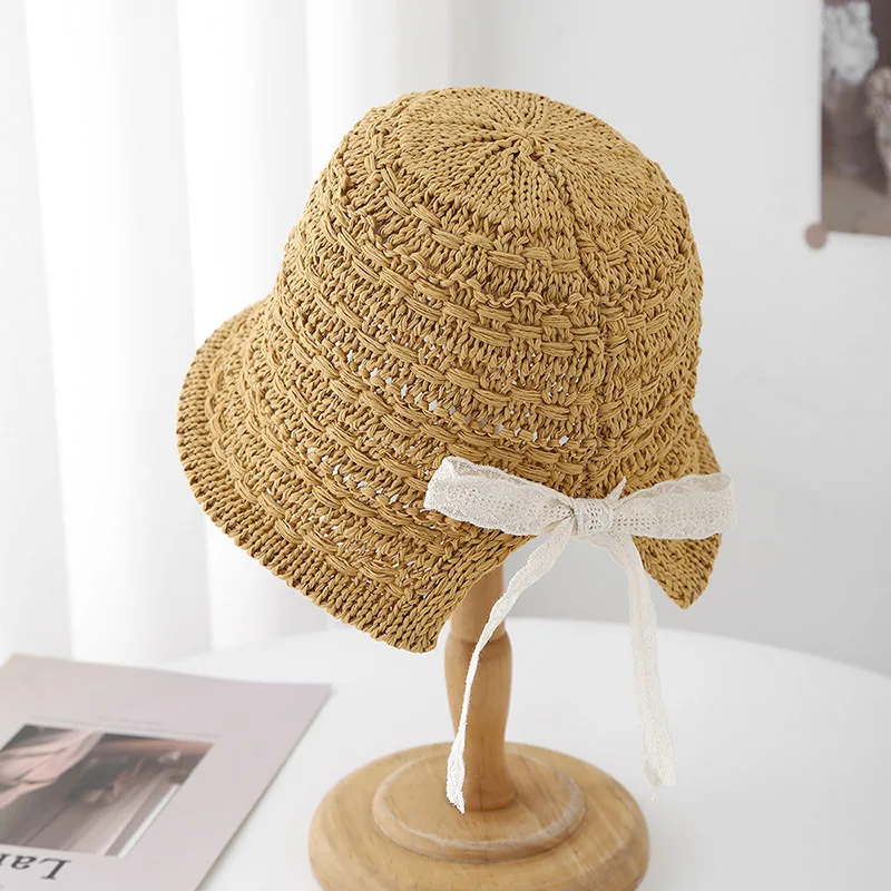 Cottagecore หมวกผู้หญิงโครเชต์ลูกไม้รายละเอียดฤดูร้อนเกาหลีหมวกถักระบายอากาศสําหรับงานแต่งงานชายหาดและปิกนิก Sun Hat