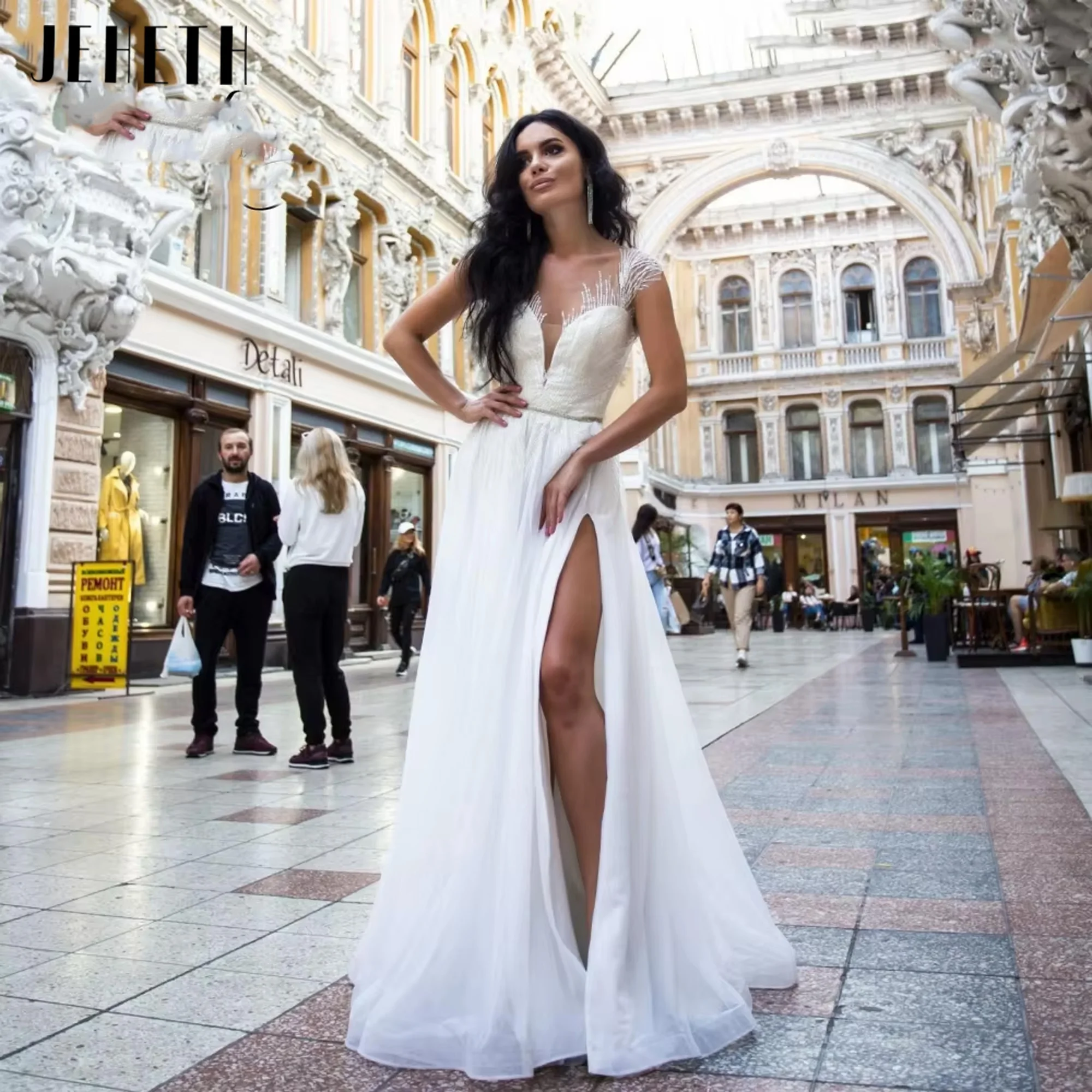 

Boho A-Line Wedding Dresses Lace Applique V-Neck Tank Illusion Bride Dress Tulle High Split Bridal Gown New Vestidoes Customized