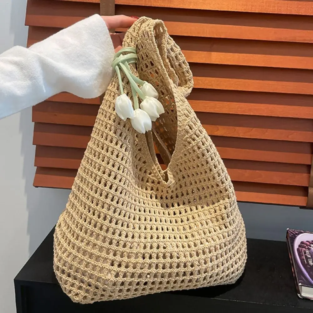 

New Sweet Crochet Shoulder Bag with Tulip Pendant Leisure Beach Hollow Handbag Casual Solid Color Woven Totes Bag Travel