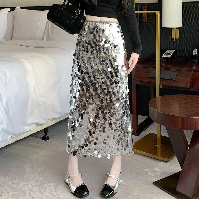 

Skirts Women Autumn High Waist Midi Sequined Elegant Korean Fashion Silver A-line Loose Casual Simple All-match Faldas Largas