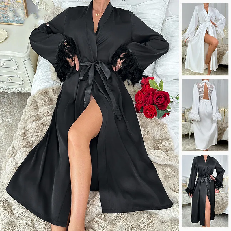 Elegant French Style Long Robe Feather Cuff Female Loungewear Summer Sleepwear Back Hollow Out Lace Trim Kimono Loose Homewear