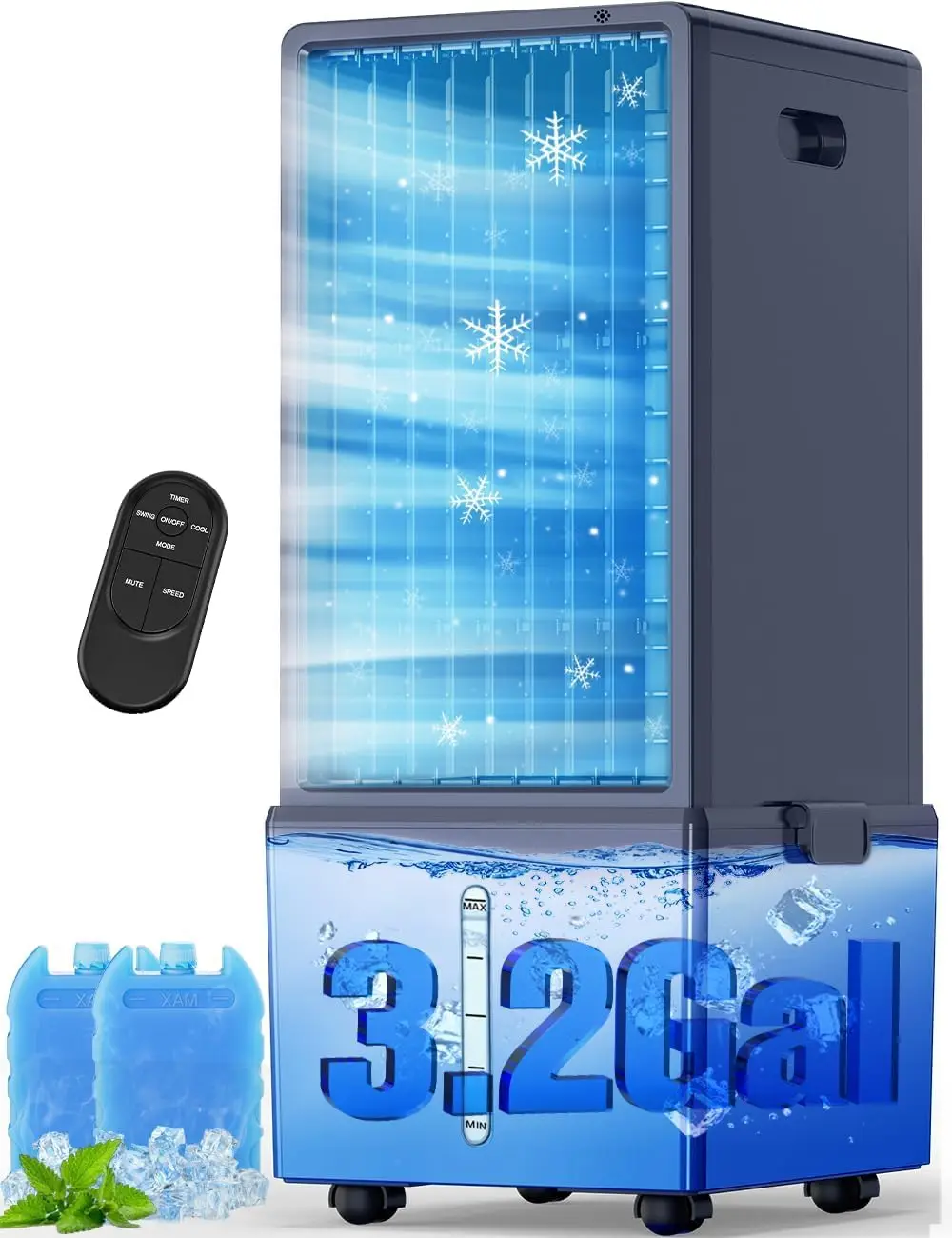 

Портативный кондиционер 4-в-1 с 4 скоростями, 4 режимами, двойным резервуаром для 24-часового охлаждения, пультом дистанционного управления