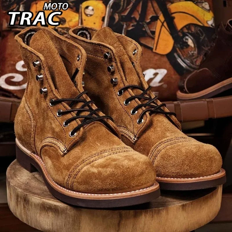 New Retro Round Head Cowhide Wear-resistant High-quality Suede Lace Up Motorcycle Boot Desert Boots Work Boots High Top Boot