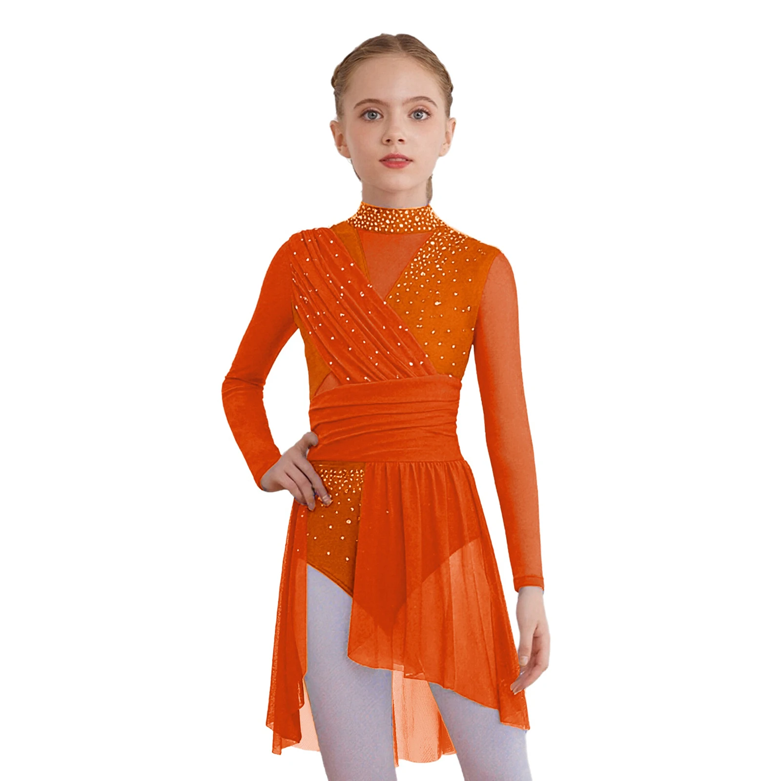 Kids Girls Lyrical Dress Long Sleeve Cutout Back Side Split Sheer Mesh Ruched Glittery Rhinestones Ballet Dance Leotard Dress