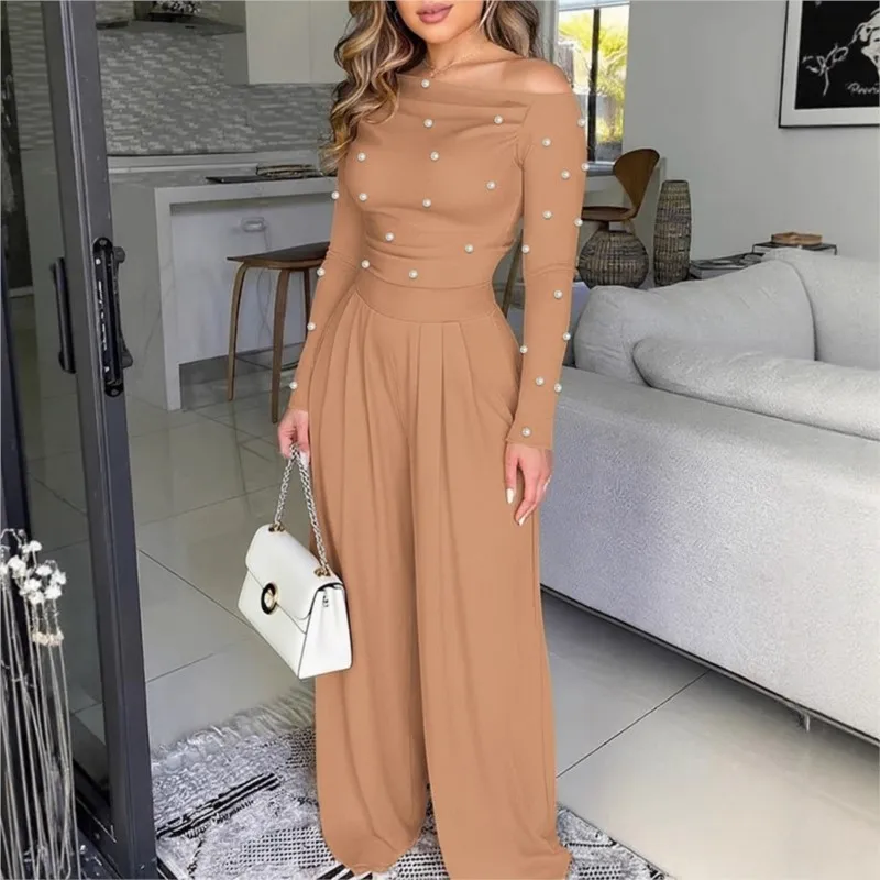 

Sexy Off Shoulder Women's Jumpsuit Summer Fashion Bead Splicing Design Long Sleeved Jumpsuits Lady Foreign Style Office Clothing