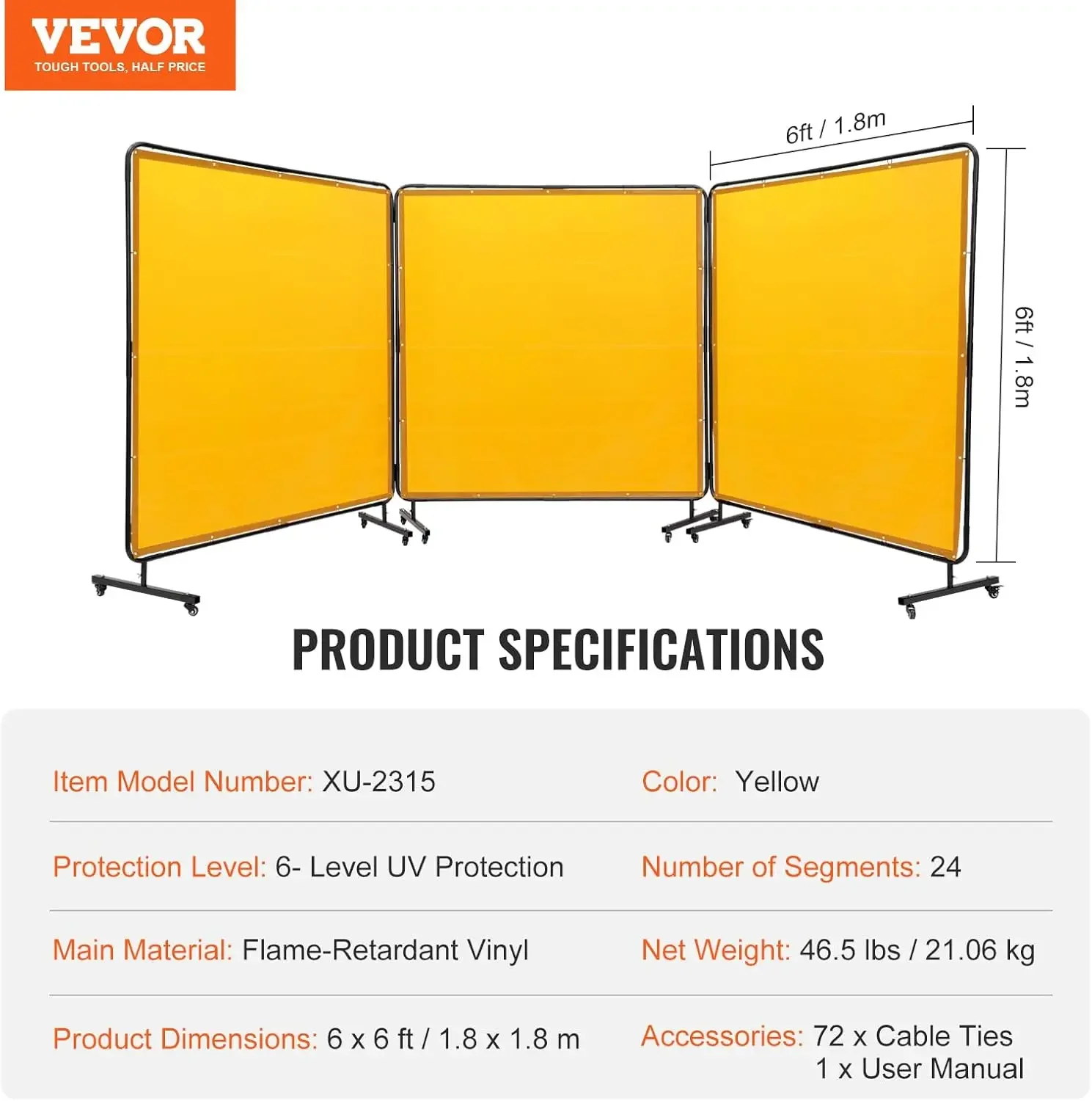 Welding Screen, 6' x 6' 3 Panel Welding Curtain Screens, Flame-Resistant Vinyl Welding Protection Screen on 12 Swivel Wheels