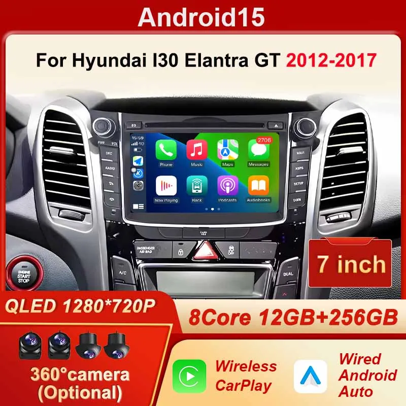 Rádio do carro de 7 polegadas android 15 para hyundai i30 elantra gt 2012 - 2017 sem fio bt carplay unidade principal tela estéreo wifi 360 câmera