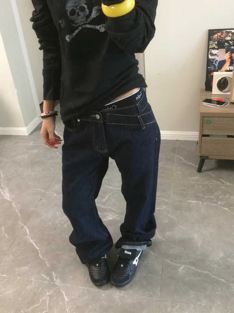 

Low Waist Oversized American Retro Spicy Girl Embroidered Heavy Duty Denim Jeans Women Straight Leg Slimming Long Trousers