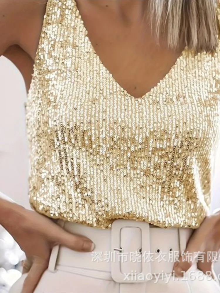 

Women's Summer New Item Solid Color Fashion Sequin Light Mature Sexy V-neck Sleeveless Camisole Vest Pullover Top