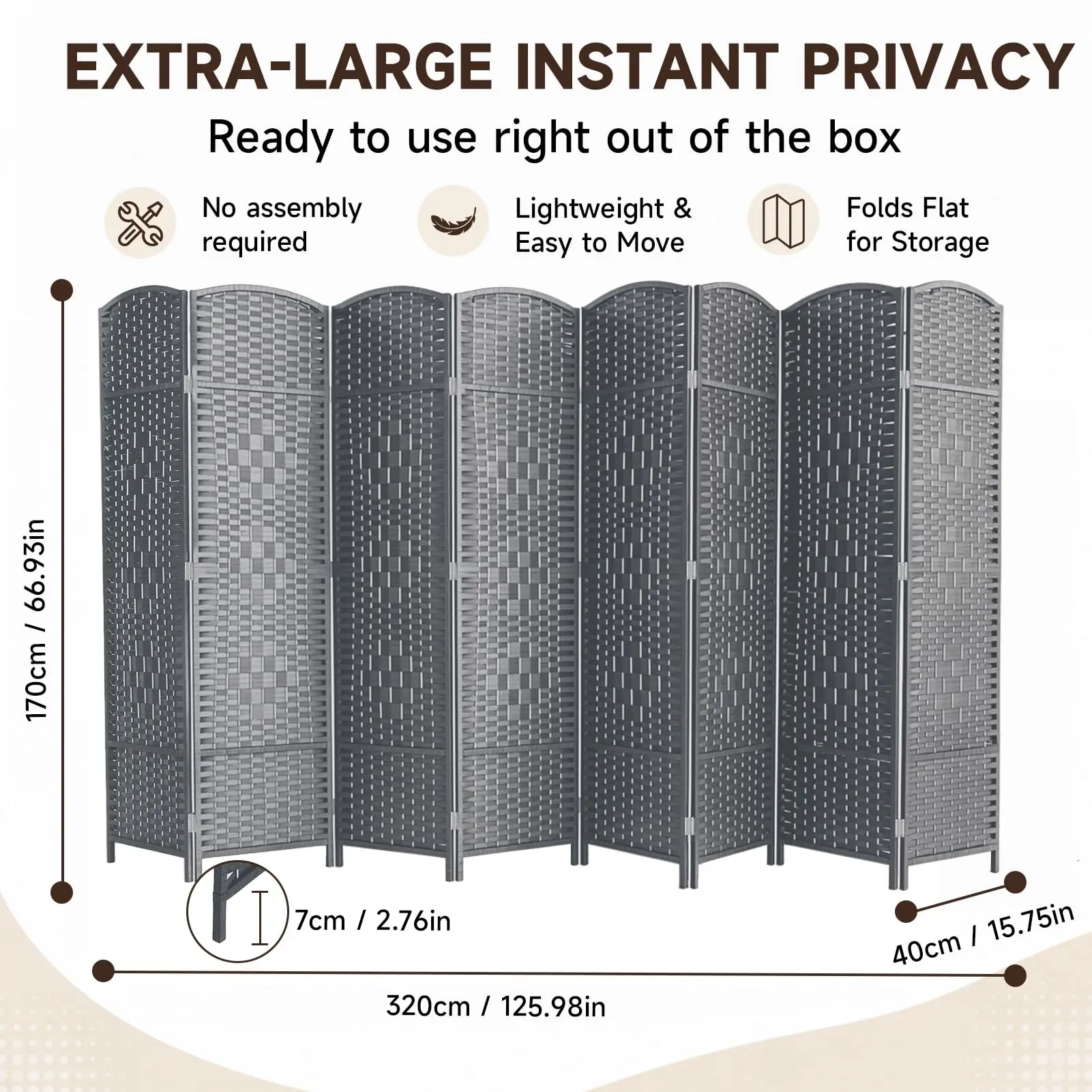 8 Panel Room Divider, 126 in Wide Folding Privacy Sn, PE Rattan