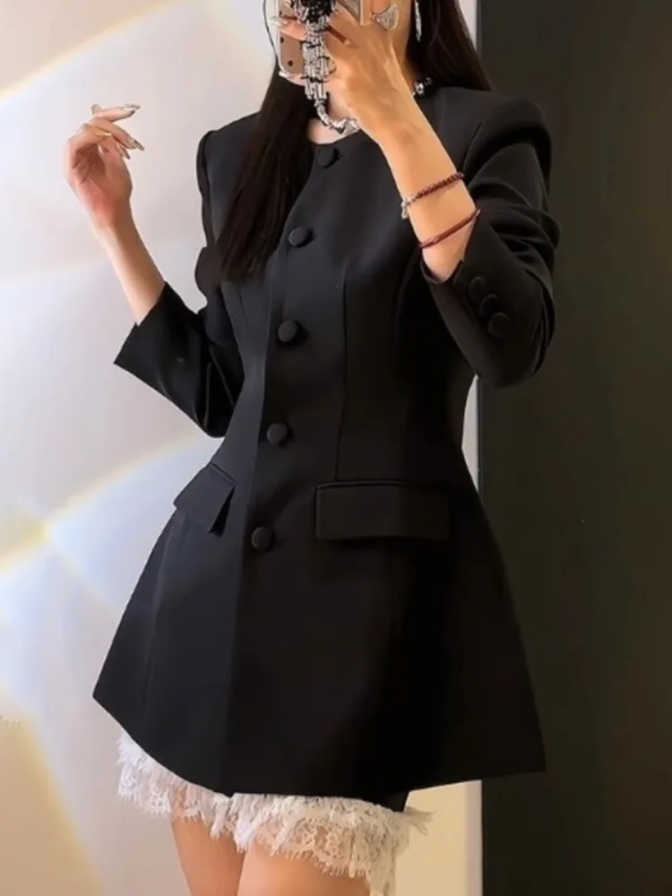 UCXQ Fashion Blazer Coat Korean Style Collarless Waist Black Simple All Match Elegant Jacket Women 2024 New Spring Autumn 3C1983