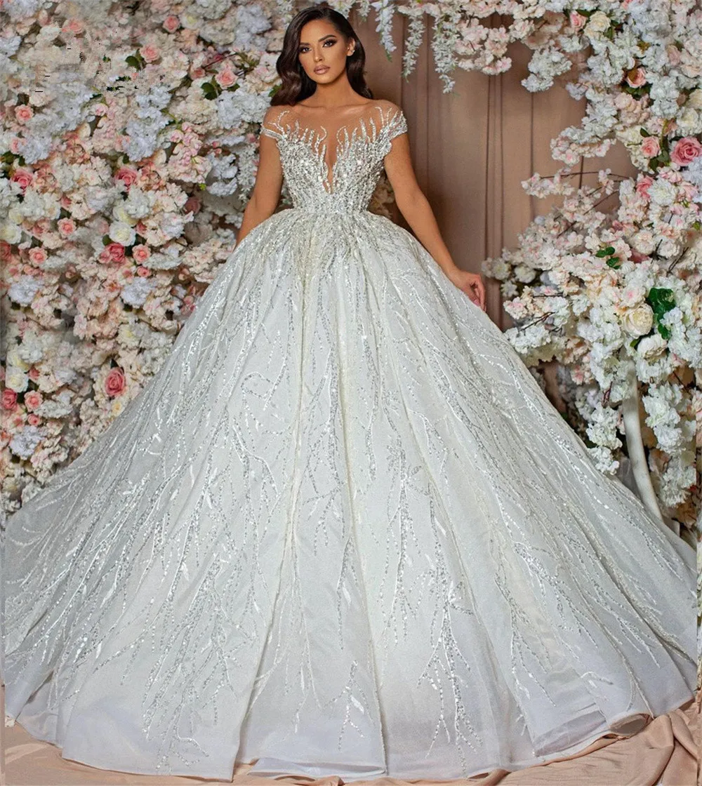 Stunning Sequins Ball Gown Wedding Dress Sweetheart Short Sleeves Lace Floor Length Custom Made Bridal Dresses Robe De Mariee