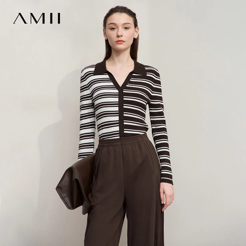 AMII Damski Sweter Jesień 2025 Nowa Odzież Damska Dekolt V Patchwork Paski Codzienny Dzianinowy Długi Rękaw Bluzki Dla Kobiet 12543158