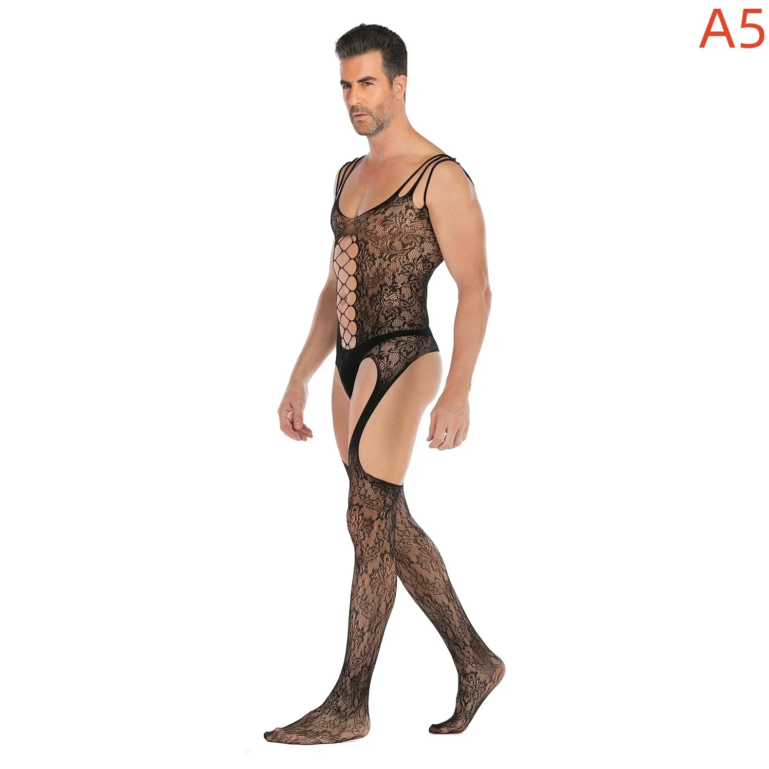 Plus Size Men\'s Black Sexy Lingerie Fishnet Body Stockings Male Underwear Exotic Lingerie for Man Open Crotch Transparent Tights