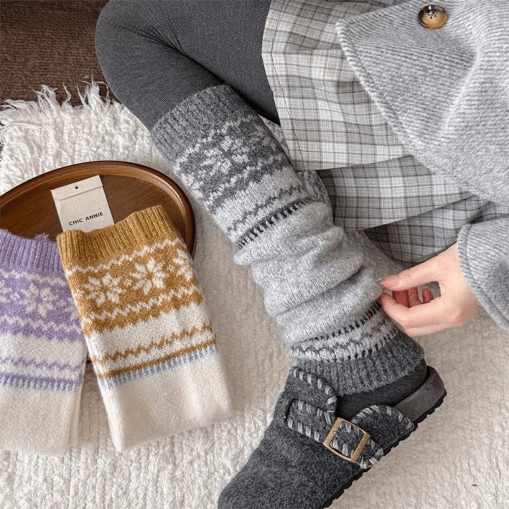 Soft Texture Fair Isle Leg Warmers Wool Blend Snow Pattern Slouch Socks Thick Knit Casual Style Knitted Sleeves Outdoor Walk