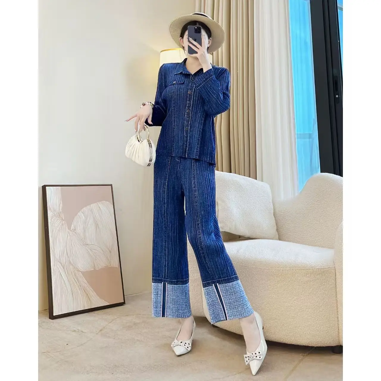 

Miyake Fold 2025 Autumn New High End Fold Denim Set for Women's Fashion Casual Loose Coat Pants Two Piece Set Trendy Pleated