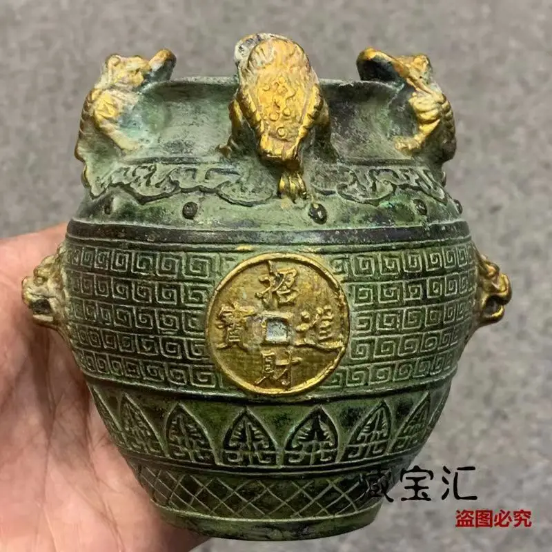 Retro Double-eared double-lion golden toad Ornament Decoration Tea Pet Figurines Desk Decor Accessories