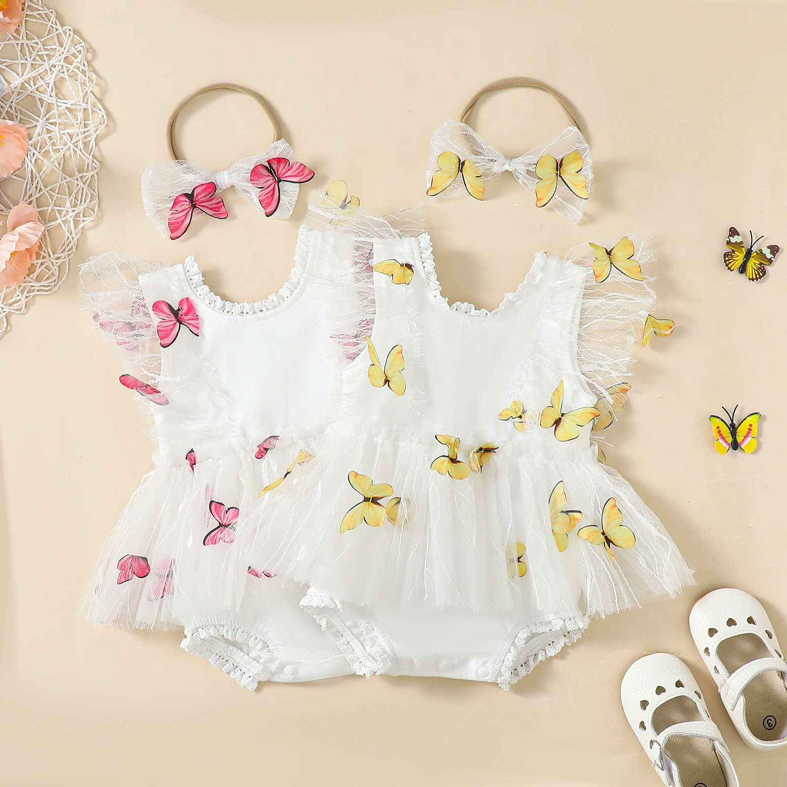 

Newborn Girl Mesh Lace Bodysuits Outfit Fly Sleeve Butterfly Tulle Patchwork Party Romper with Hairband Summer Girls Clothes