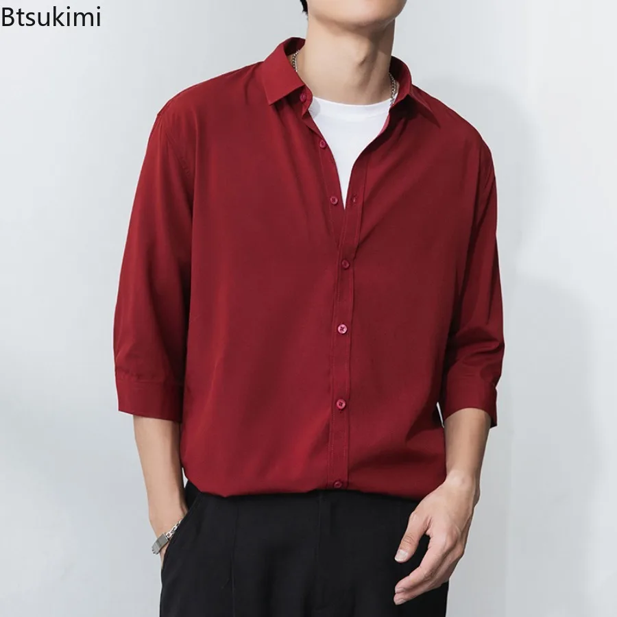 2025 Men's High-end Ice Silk Seven Quarter Sleeved Shirts Summer Loose Solid Color Shirt Casual Fashionable Business Shirt Coat