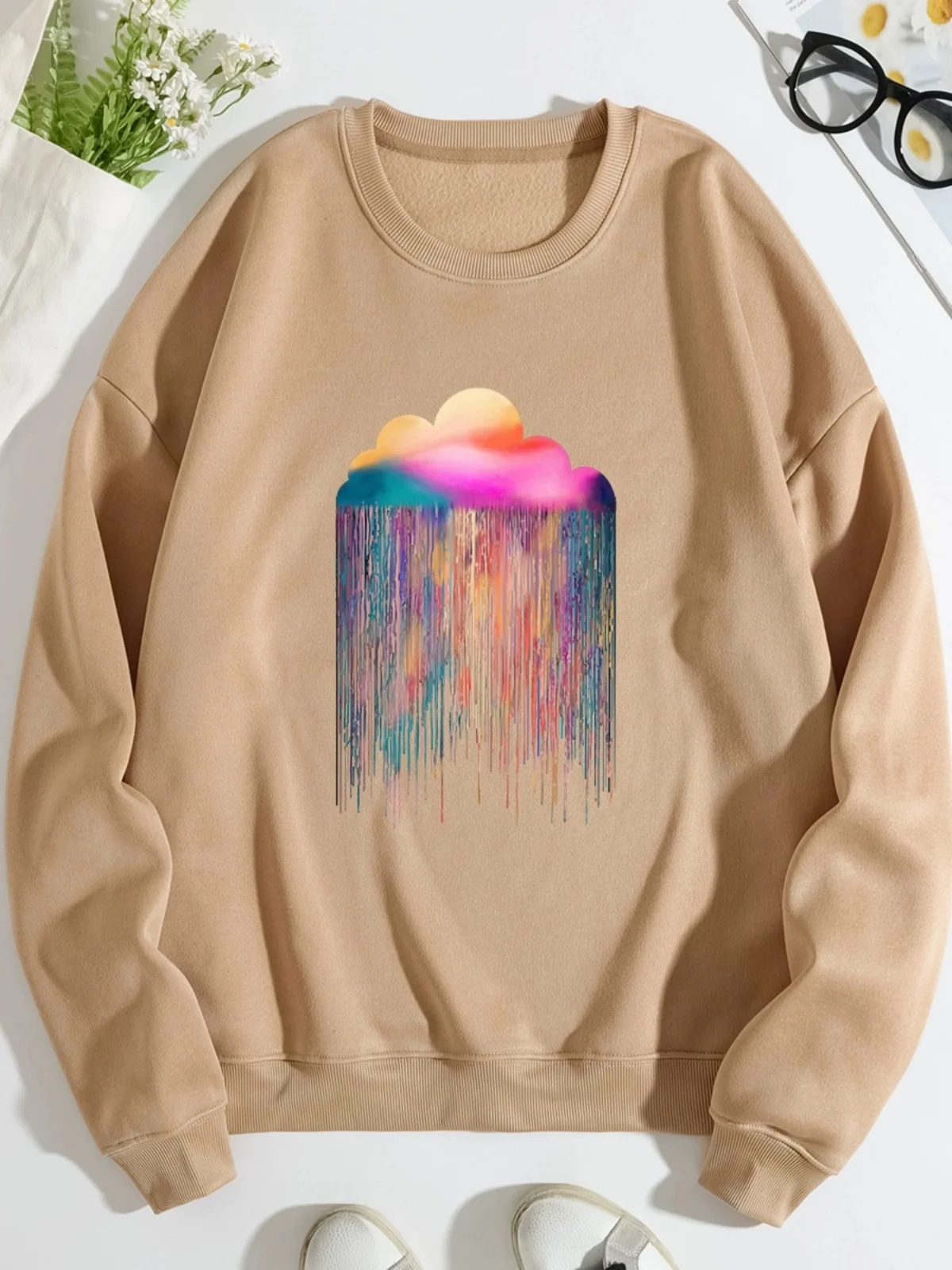 

Женская толстовка большого размера Ne Long Sve Fce на подкладке Rainbow Street Sle из полиэфирного волокна, повседневная удобная толстовка Jaet