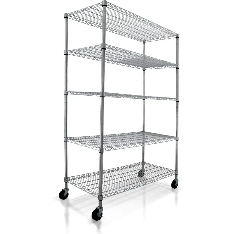 Crescent, Chrome, 48 X 18 X 76, 4000 LBS, Metal Shelves for Storage with Wheels, Ideal for Garage Shelving, 5 Tier Wire Shelving