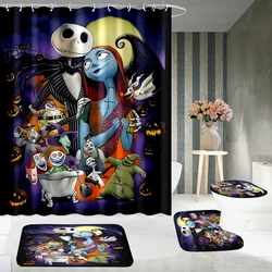 Disney Nightmare Before Christmas Bath Shower Curtain Set 4pcs with Hooks Cartoon Decor Waterproof Bathroom Toilet Mat Lid