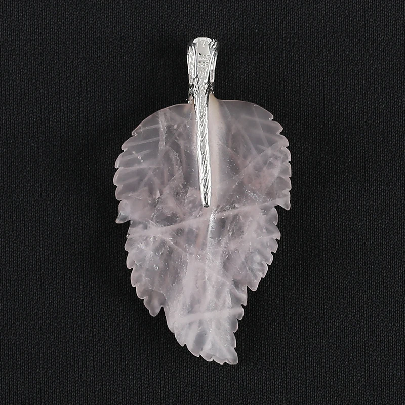 925 Sterling Silver Pendant Natural Stone Rose Quartz Handcarved Leaf Pendant Bead Necklace  Accessories 59x32x7mm 11.2g