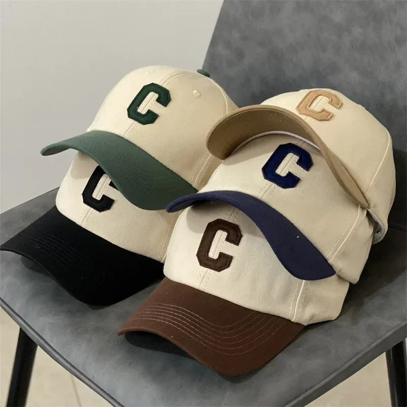 Color Block Baseball Hat For Women Cotton Casual Peaked Cap Fashion C-Letter Duck Tongue Hats Unisex Outdoor Sunshade Visors