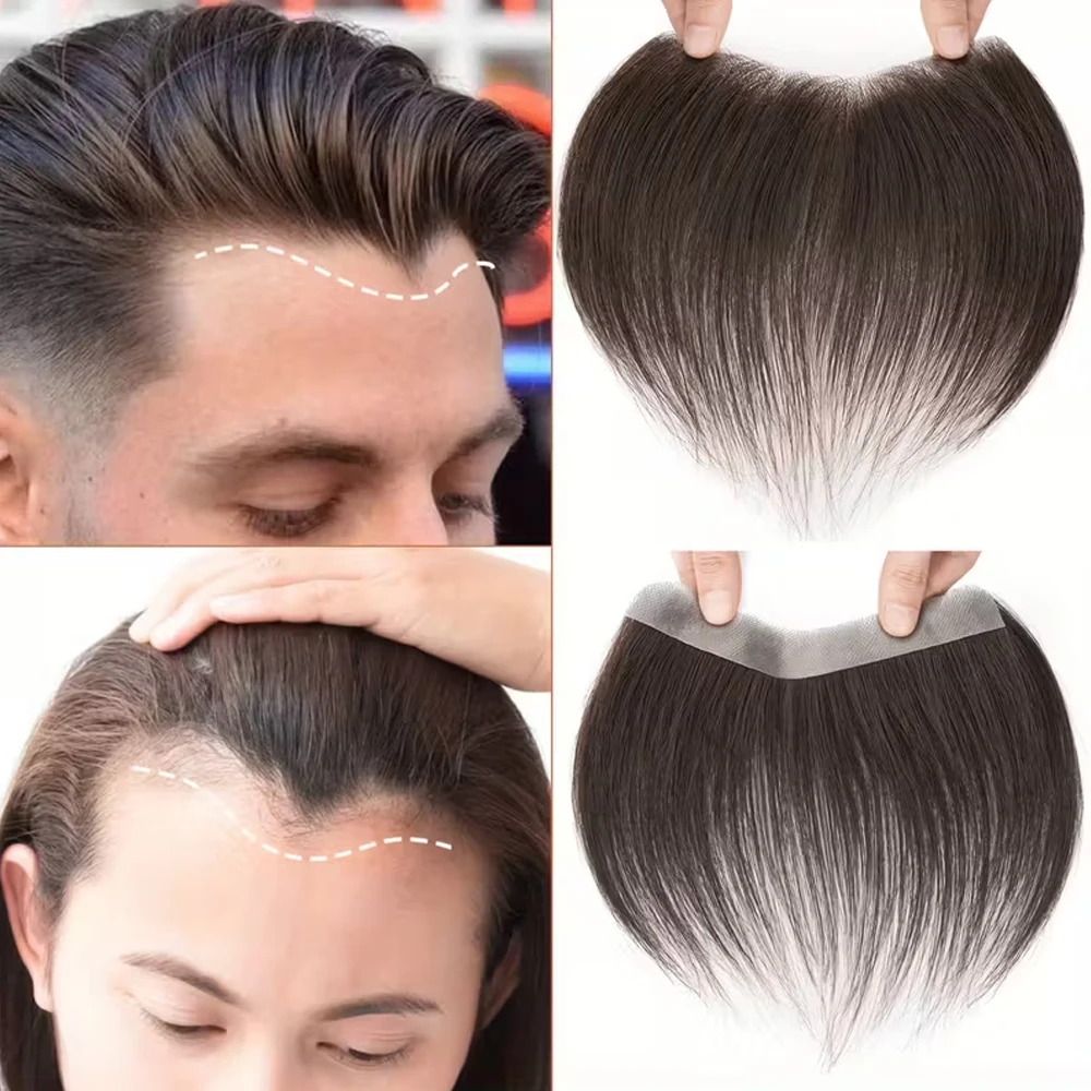 Herren-Toupet für die Stirnlinie, glattes Echthaar, V-Form, ultradünne PU-Haut, Herren-Toupet